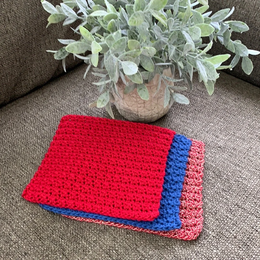 Handmade Crochet Cotton Spa Washcloth Dishcloth Patriotic Set of 3